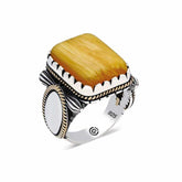 Silver Yellow Tightened Amber Stone Square Men's Ring